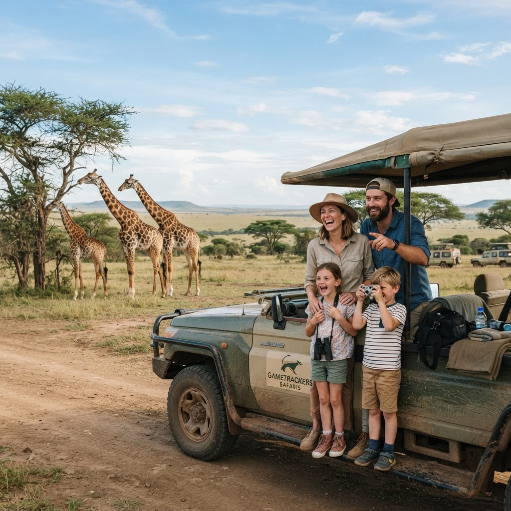 Family on safari game drive, wildlife vacation