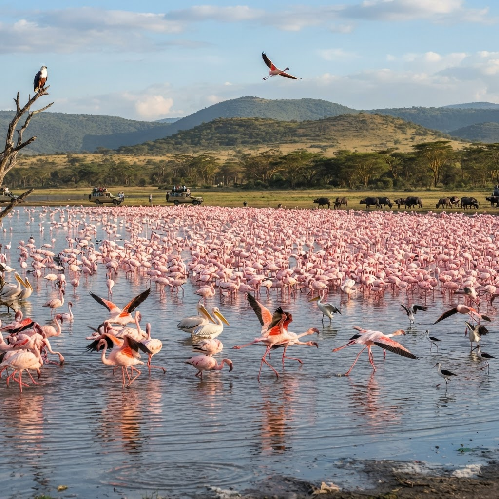 Lake Nakuru National Park Kenya flamingos and birds, safari wildlife