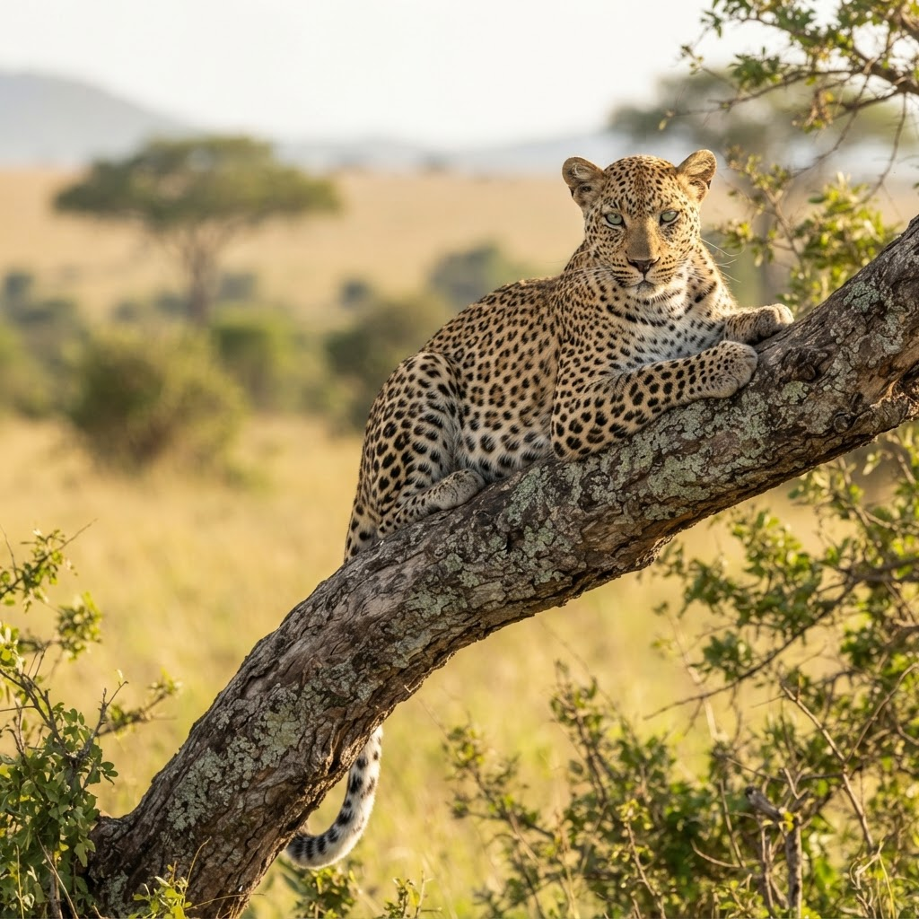 Spotted leopard on tree, wildlife photography