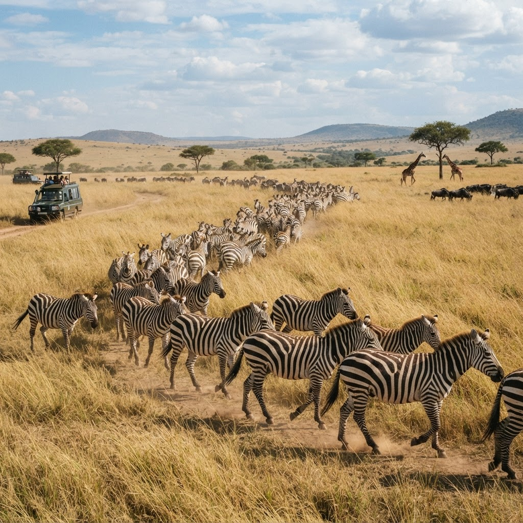 Zebra herd in grassland, African wildlife